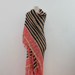 Black, Cream & Coral Crochet Fringe Wrap Shawl